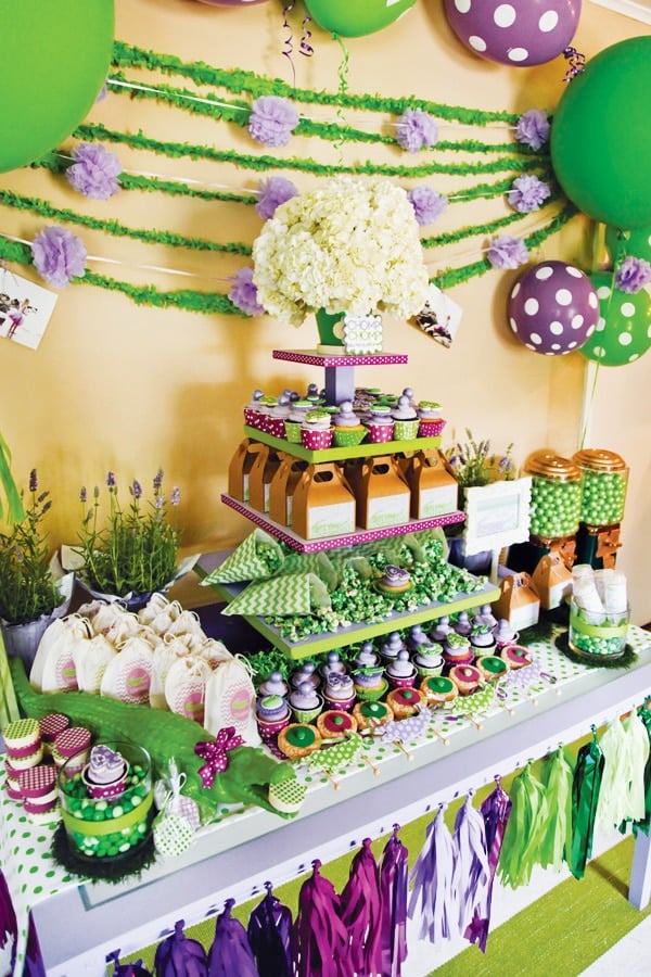 Purple Polka Dot Crocs Birthday Party Dessert Table