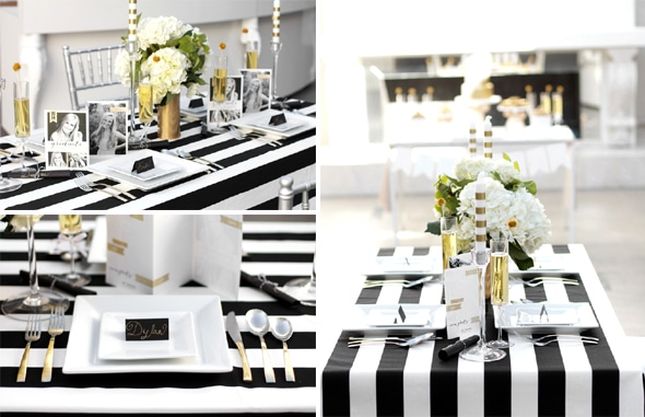 The table setting included a black and white striped tablecloth from ...