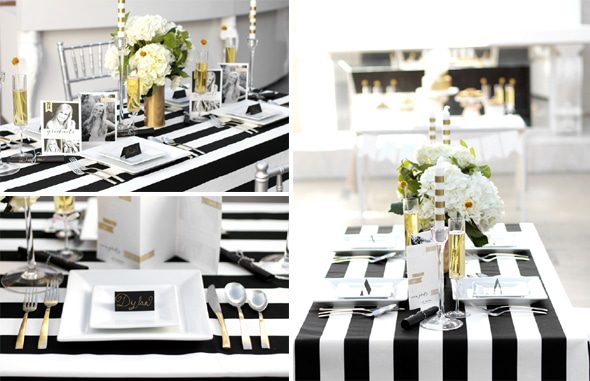 The table setting included a black and white striped tablecloth from ... The table setting included a black and white striped tablecloth from ...