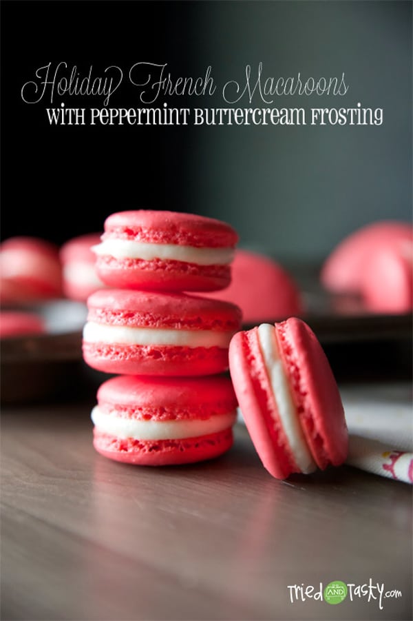 Holiday French Macaroons with Peppermint Buttercream Frosting via Pretty My Party