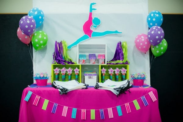 Gymnastics Birthday Party Favor Table via Pretty My Party