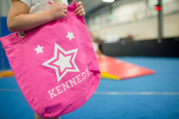 Gymnastics Birthday Party Personalized Gym Bag Favor via Pretty My Party