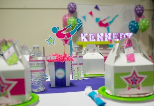 Gymnastics Birthday Party Table Centerpieces via Pretty My Party