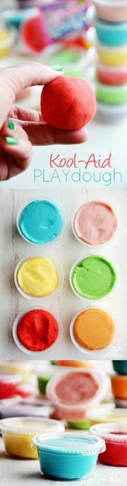 Kool-Aid-Playdough, 10 Ways to Entertain Kids at Birthday Parties via Pretty My Party