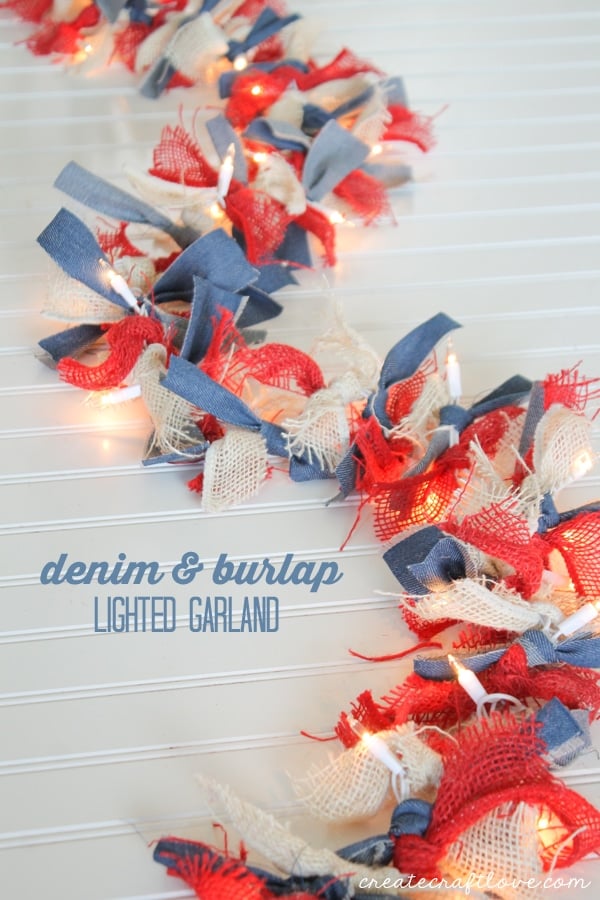 3 Denim and Burlap Lighted Garland, 20 Ideas for Celebrating the 4th of July via Pretty My Party
