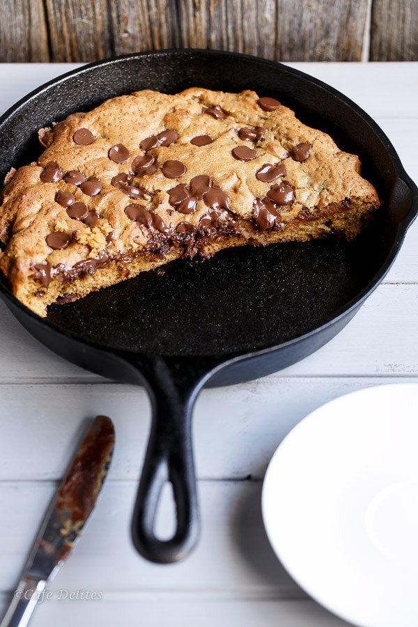 Nutella-Stuffed-Deep-Dish-Skillet-Cookie, Best Skillet Dessert Recipes via Pretty My Party