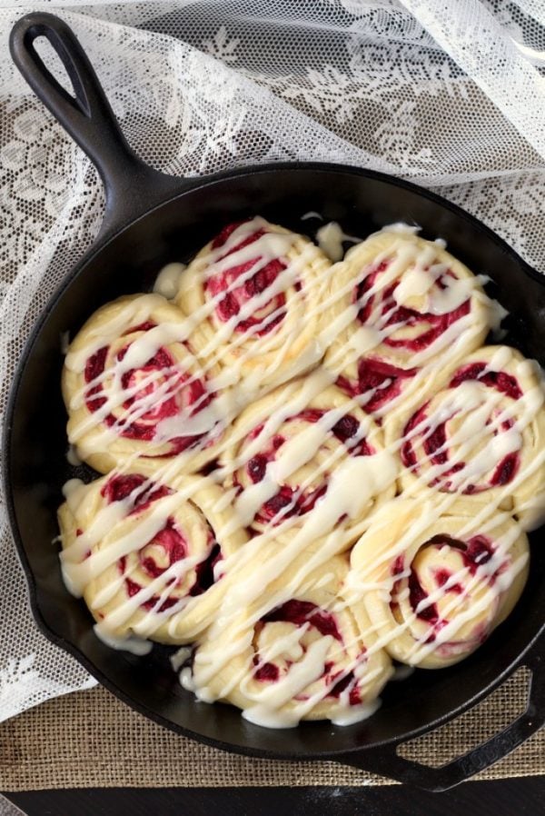 Raspberry Cream Cheese Sweet Rolls, Best Skillet Dessert Recipes via Pretty My Party