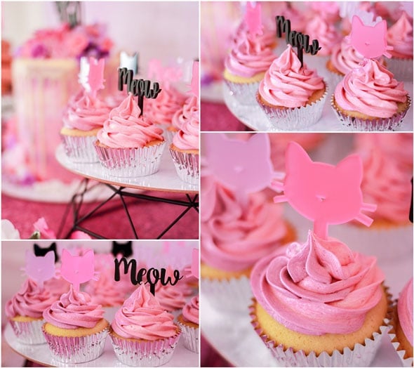 Meow Meow Birthday Party pink cupcakes via Pretty My Party
