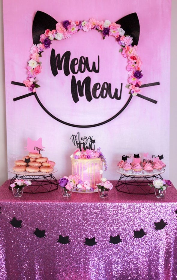 Meow Meow Birthday Party dessert table idea via Pretty My Party