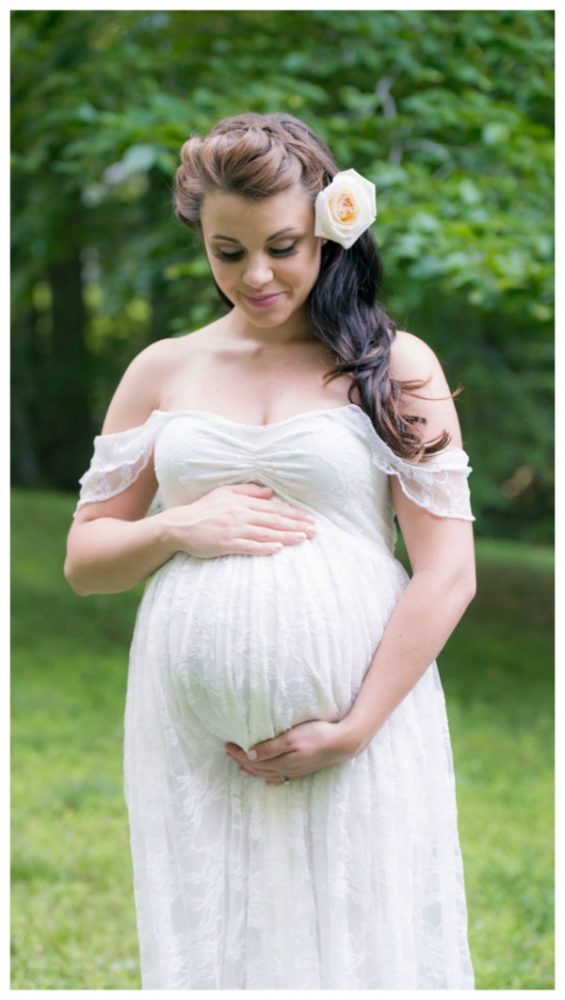 Whimsical Outdoor Baby Shower lace maternity gown via Pretty My Party