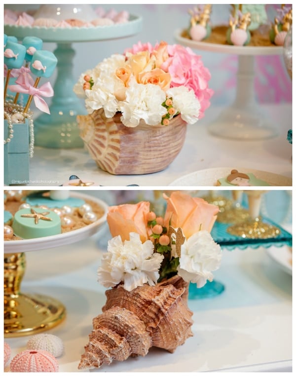 Magical Mermaid First Birthday Party Seashell Vases with Florals