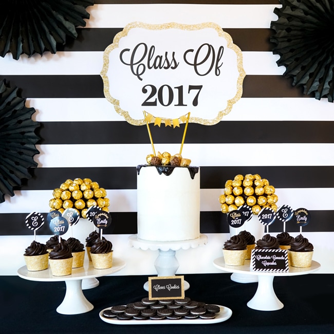 Most popular kids party themes: Back and Gold Graduation Dessert Table