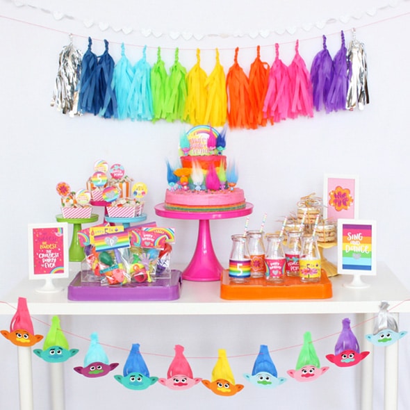Colorful Trolls Birthday Party Dessert Table