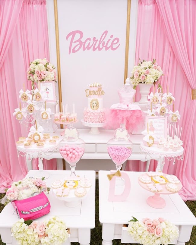 Pink Barbie Glam Birthday Party Dessert Table featured on Pretty My Party