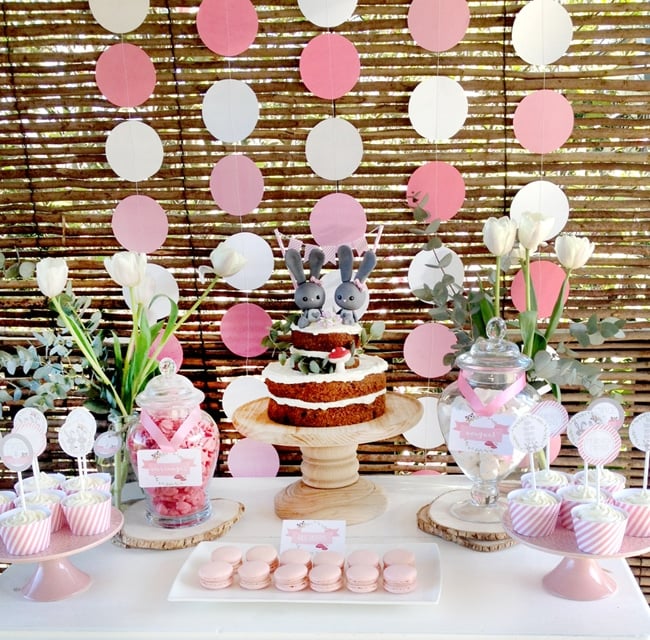 Most popular kids party themes: Twin Girls Bunny Dessert Table