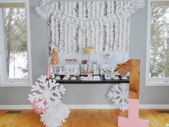 Winter Wonderland First Birthday Party Dessert Table