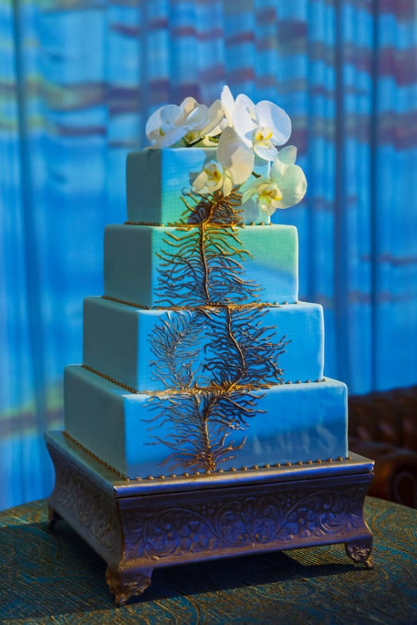 Blue and gold wedding cake