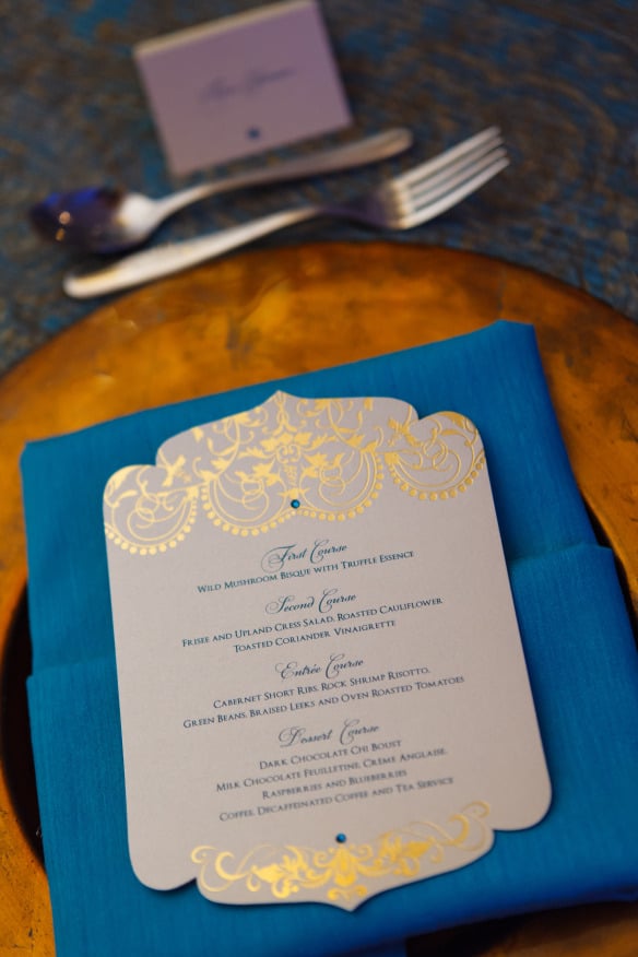 Blue and gold wedding menu