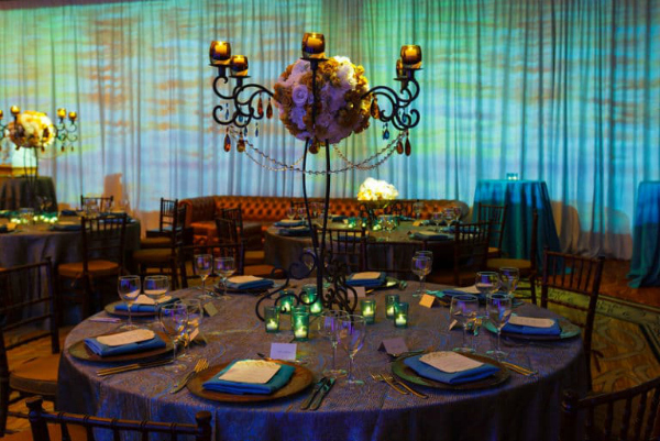 Peacock themed wedding table decor