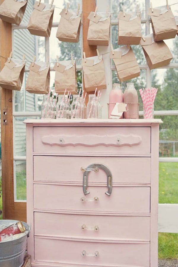 Vintage Pink Dresser With Drinks and Favors