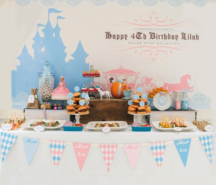 Cinderella 4th birthday party dessert table and backdrop