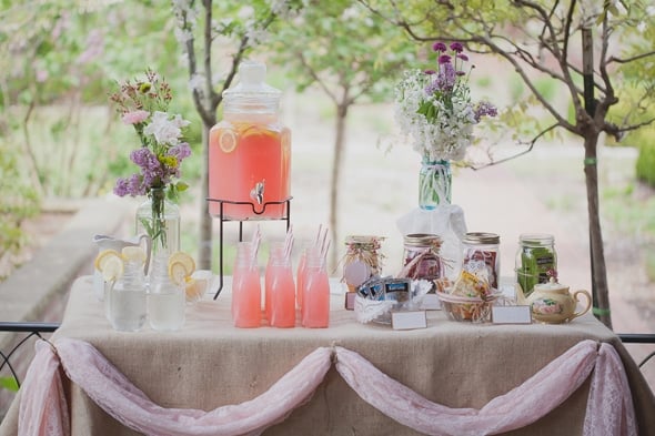 Tea Party Bridal Shower Beverage Station with Pink Lemonade