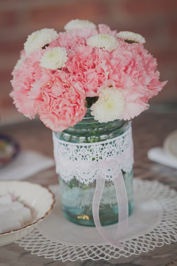 Tea Party Bridal Shower Mason Jars Filled with Flowers - Table Centerpieces