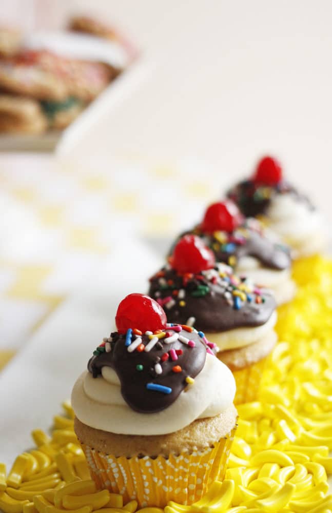 Curious George Birthday Banana Split Cupcakes