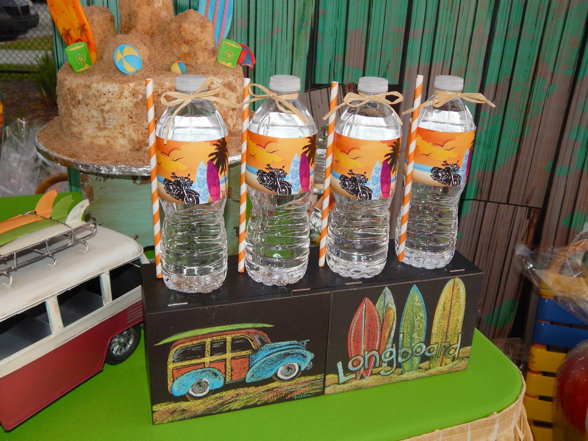 Beach-themed water bottle labels