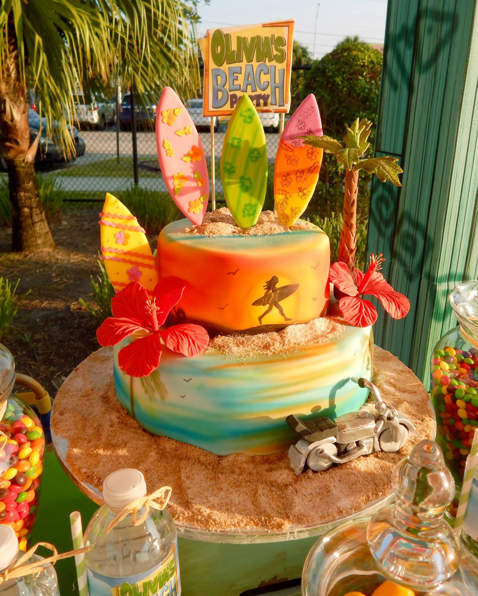 Surfer girl birthday cake for a beach themed party