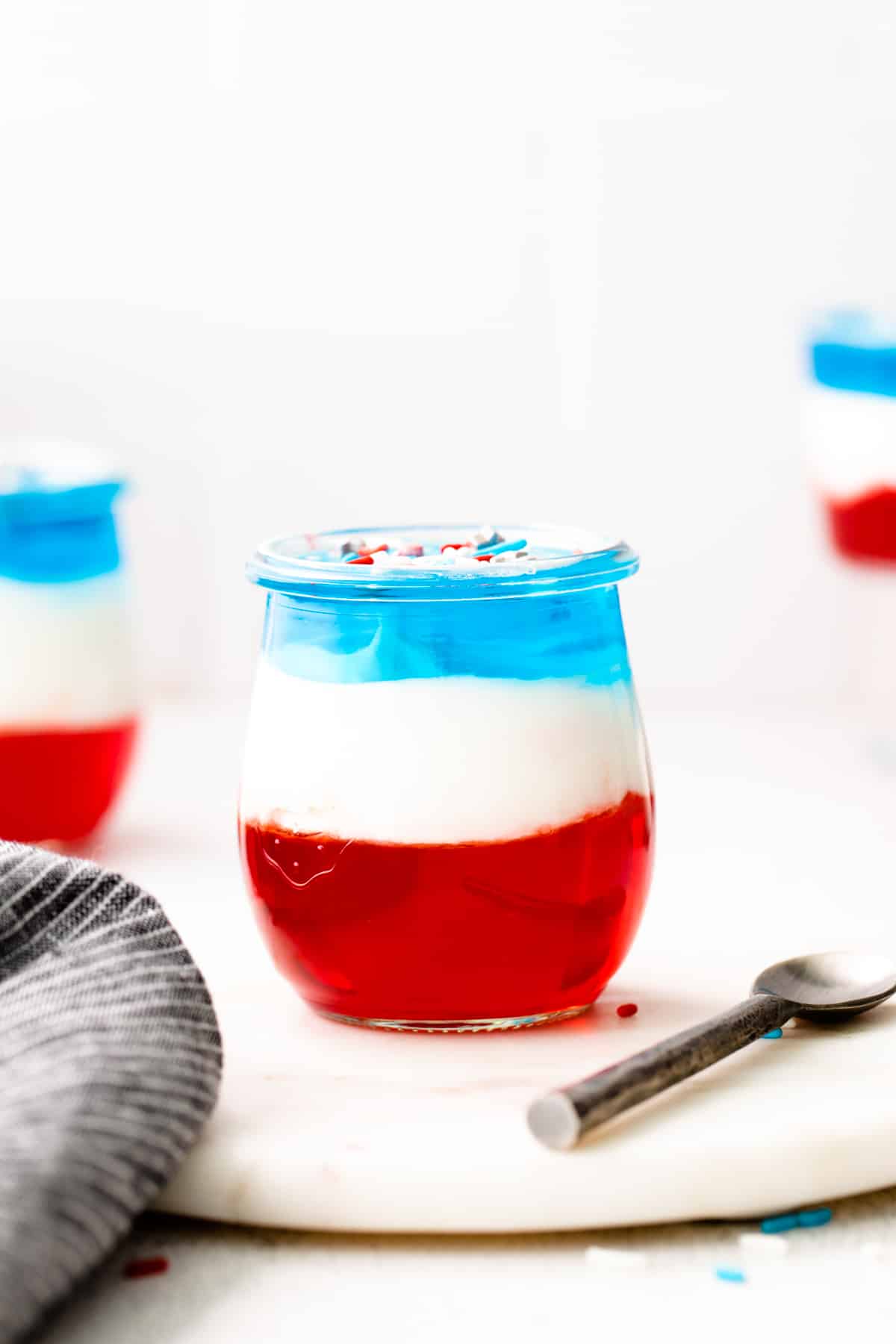 Red, white and blue jello cups