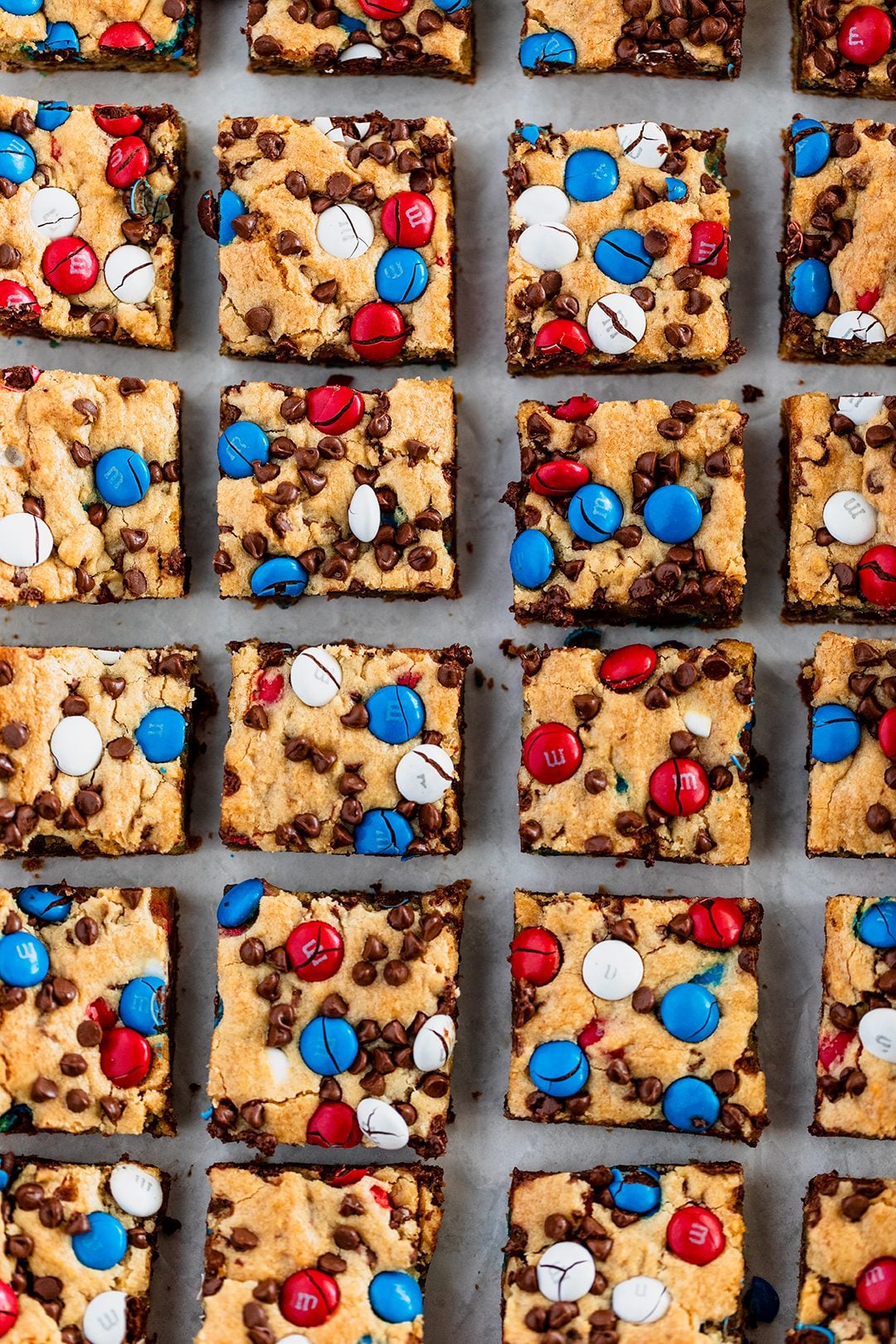 Red, white, and blue cookie bars for summer parties.