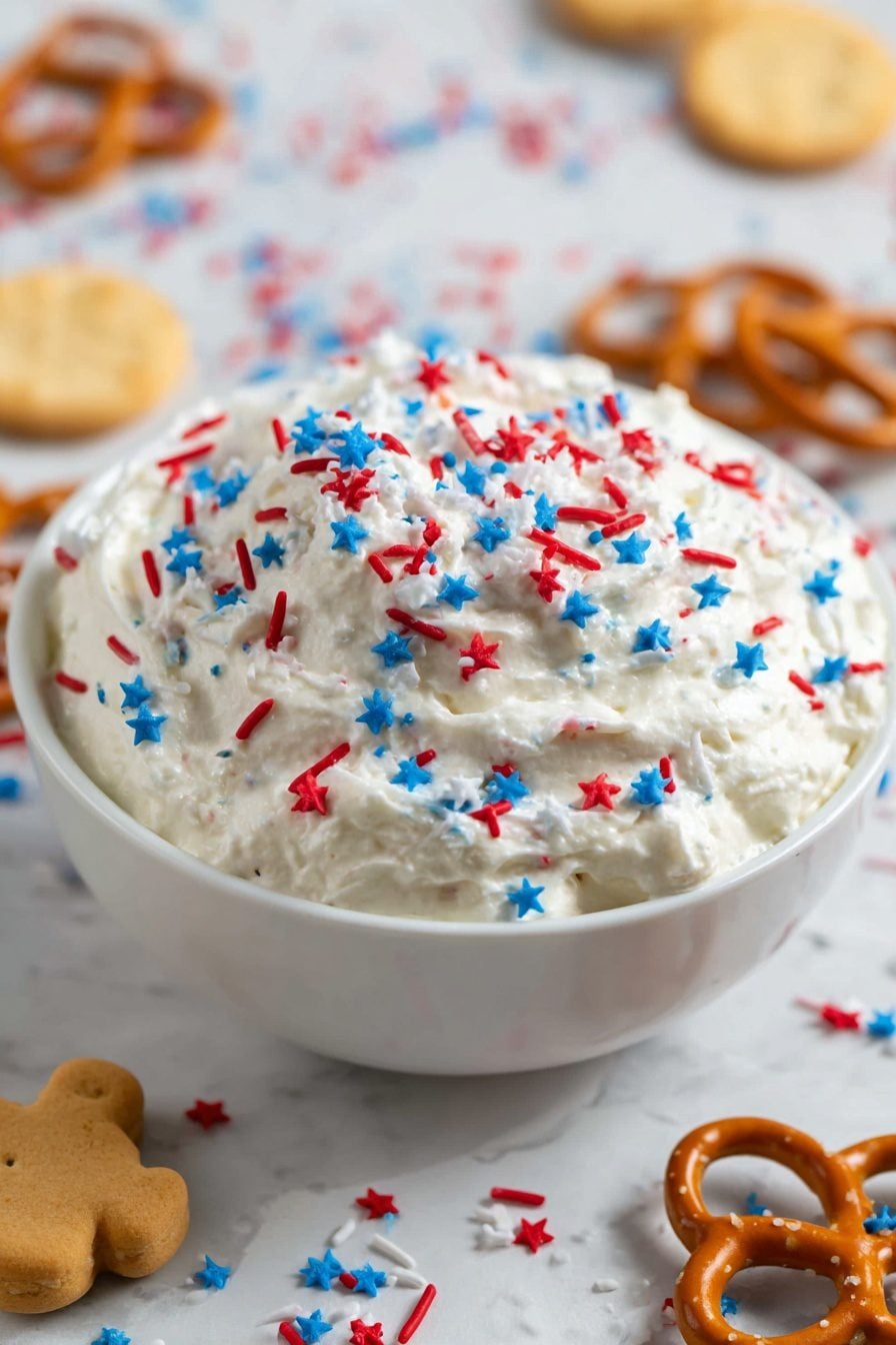 Red, white, and blue Funfetti dip