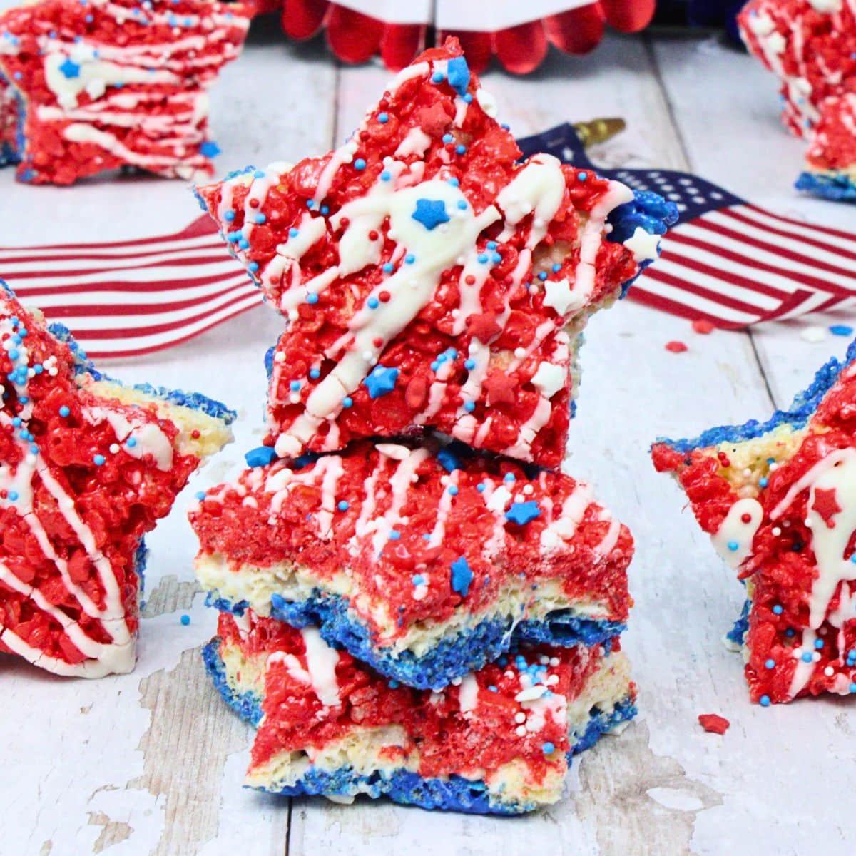 Star red, white, and blue Rice4 Krispie treats for 4th of July, Memorial Day, or Labor Day parties.