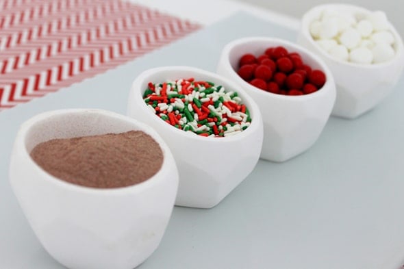 Ingredients to make DIY hot chocolate ornaments. Hot cocoa, red, green and white holiday sprinkles, red Sixlets candies, and mini marshmallows.