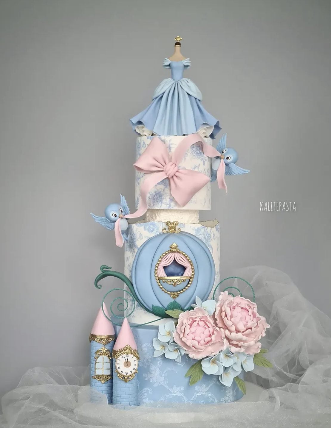 This Cinderella birthday cake is a true fairytale showstopper. The soft blue tiers, delicate floral details, pink bow, sweet bird accents, castle-inspired towers, and Cinderella dress topper make the whole cake feel like a magical scene from the story.