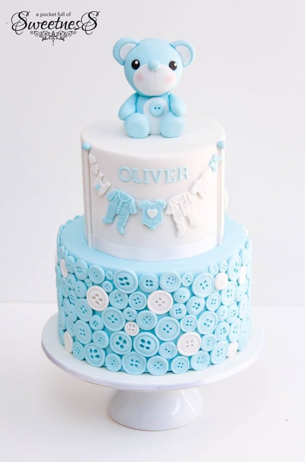 Blue Buttons and Bear Baby Shower Cake, Baby Shower Cake For Boys