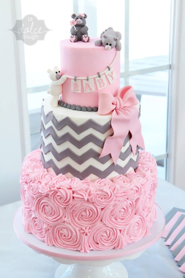 Pink and Gray Teddy Bears Baby Shower Cake For Girls