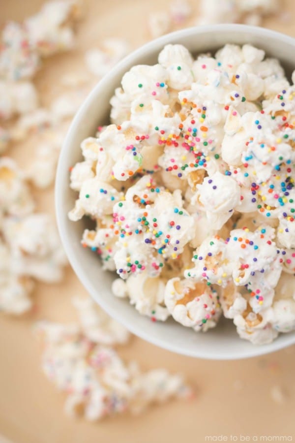 White chocolate party popcorn with sprinkles - kids finger foods