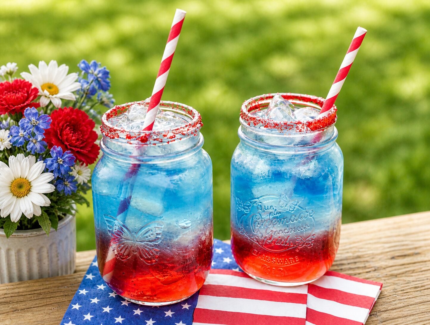 Red, white, and blue patriotic punch in glasses with red sugar rims, perfect for a summer holiday party.