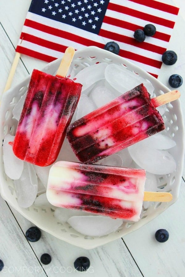 1 Firecracker Berry Frozen Yogurt Pops, 20 Ideas for Celebrating 4th of July via Pretty My Party