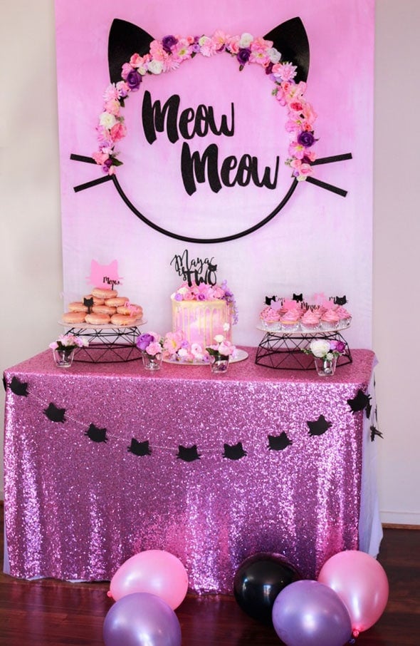 Meow Meow Birthday Party dessert table via Pretty My Party