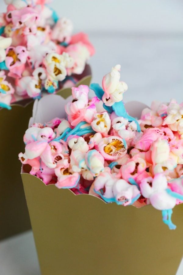 Blue and pink popcorn snack ideas for gender reveal parties.