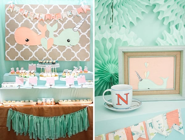 A peach and mint whale party theme for gender reveals. 