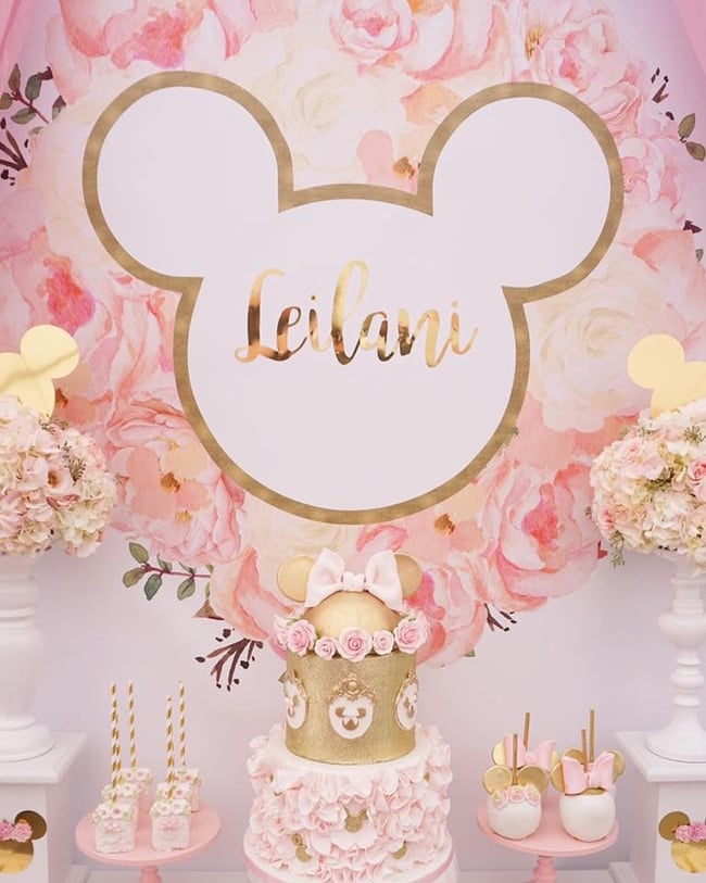 Pink and Gold Minnie Mouse First Birthday Party Dessert Table