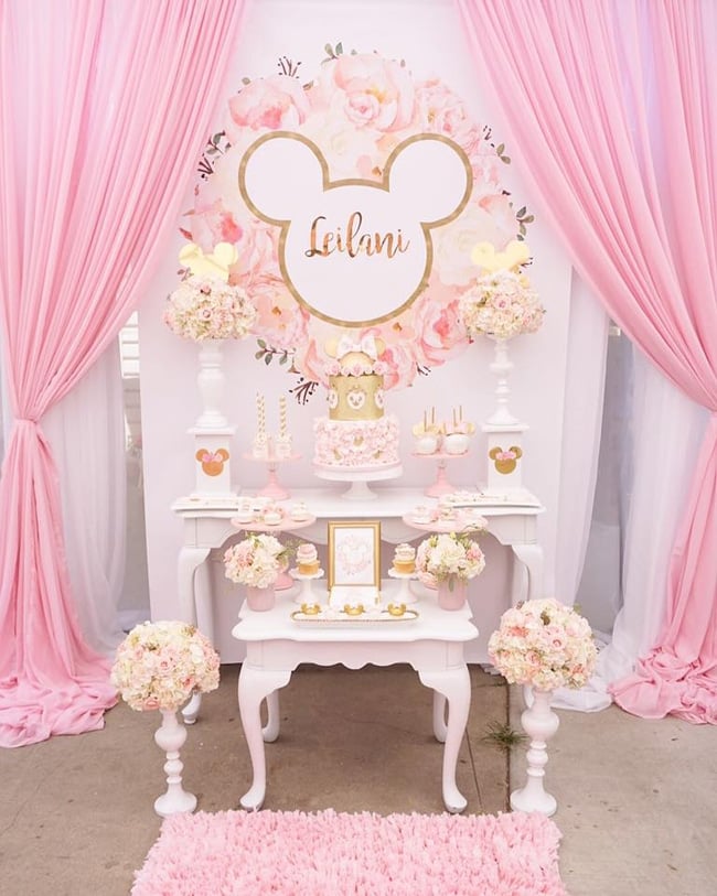 Pink and Gold Minnie Mouse First Birthday Party Dessert Table