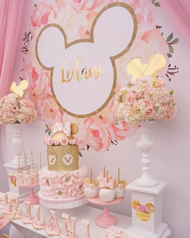 Pink and Gold Minnie Mouse First Birthday Party Sweets Table