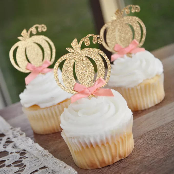Gold glitter pumpkin cupcake toppers