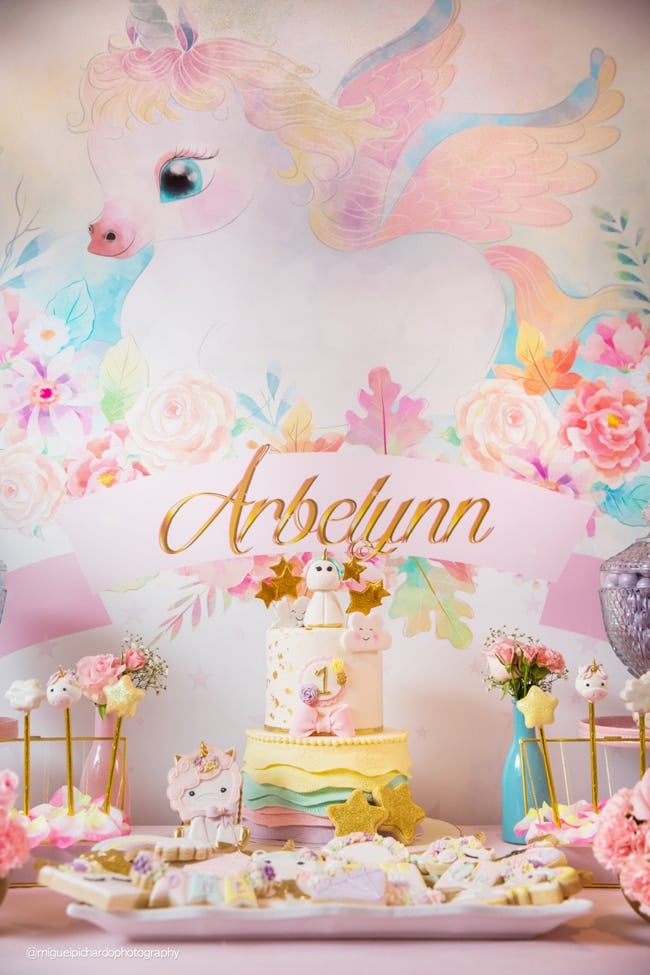 Baby Unicorn Themed First Birthday Party Dessert Table on Pretty My Party