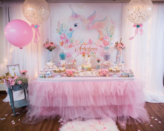 Baby Unicorn Themed First Birthday Party Dessert Table on Pretty My Party